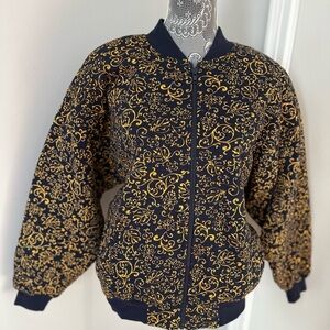 Jones New York Sz: M Bomber Jacket Gold Scroll-like All Over Abstract Pattern.